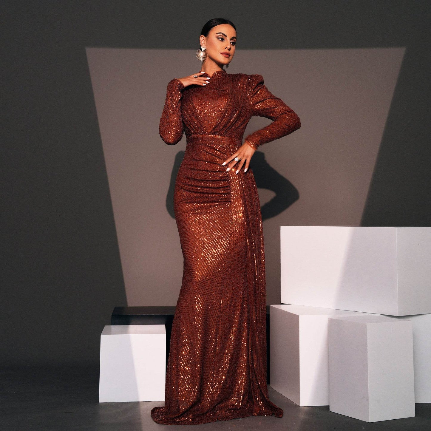 Long Sleeve Round Neck Slim Long Sequined Banquet Dress - www.Shopthatapp.com