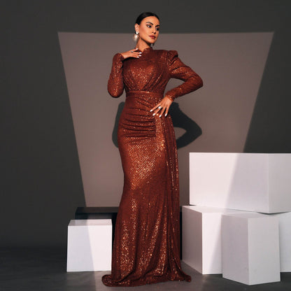 Long Sleeve Round Neck Slim Long Sequined Banquet Dress - www.Shopthatapp.com
