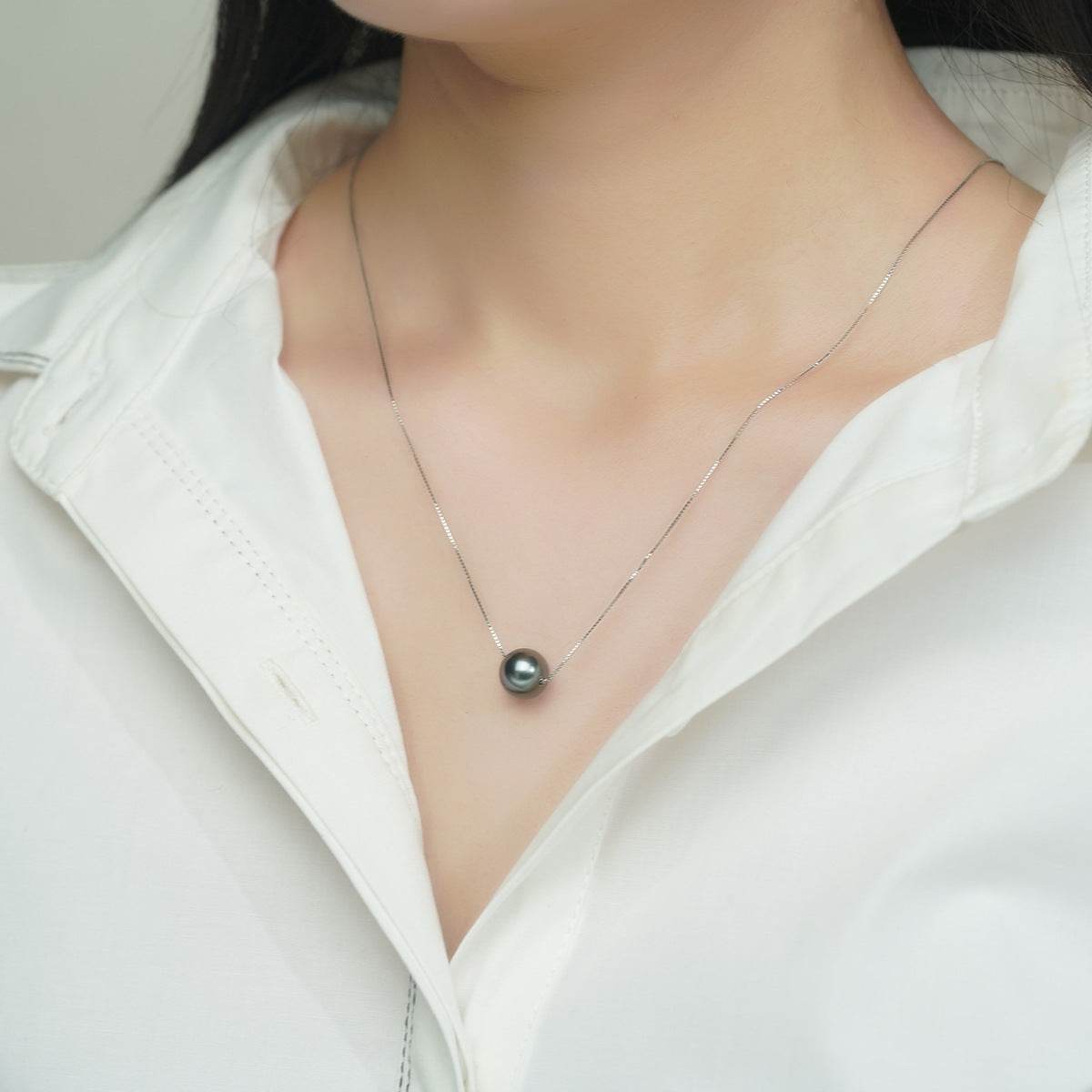 Natural Perfect Circle Strong Light Tahitian Black Pearl Pendant S925 Silver Necklace - www.Shopthatapp.com