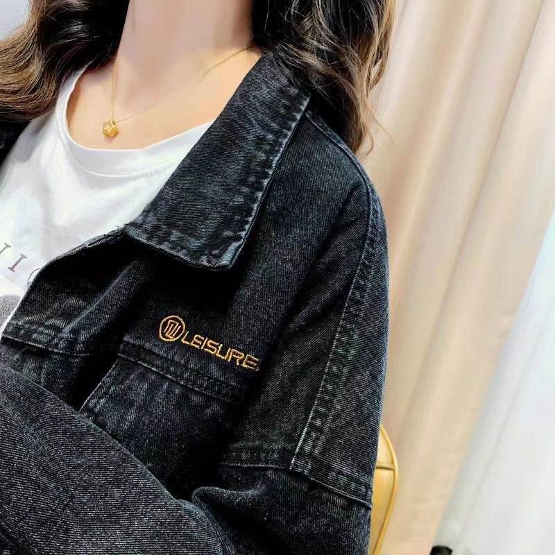 Loose Embroidered Lettered Black Denim Jacket Slimming Jacket Coat For Women - www.Shopthatapp.com