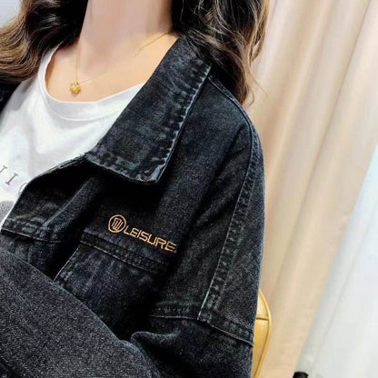 Loose Embroidered Lettered Black Denim Jacket Slimming Jacket Coat For Women - www.Shopthatapp.com