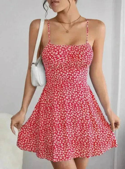 Women Fashion Printed Casual Spaghetti Strap Backless Mini Skater Dress - www.Shopthatapp.com
