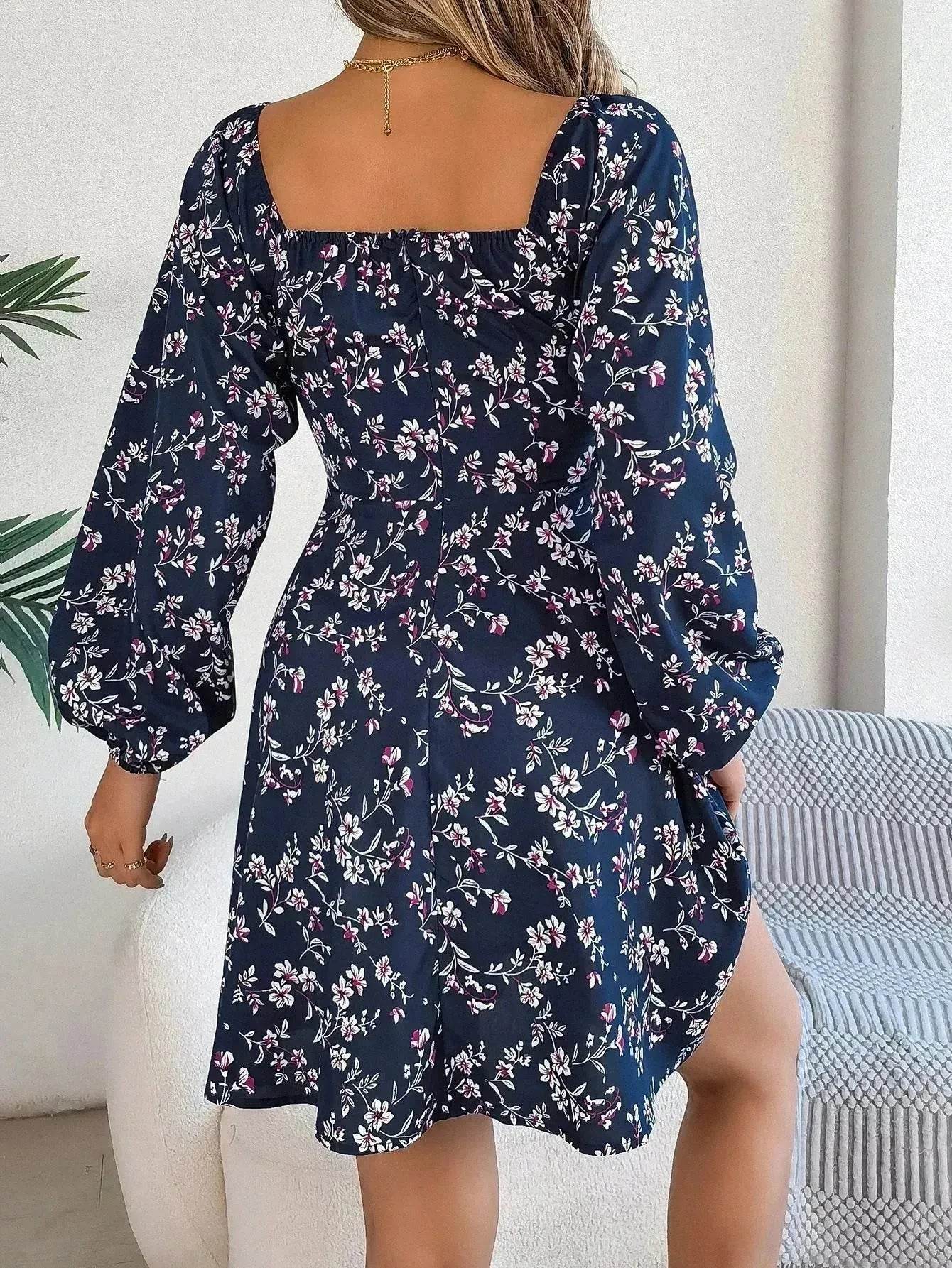 Casual Summer Floral Mini Dress Lantern Sleeve  Skater Dress - www.Shopthatapp.com