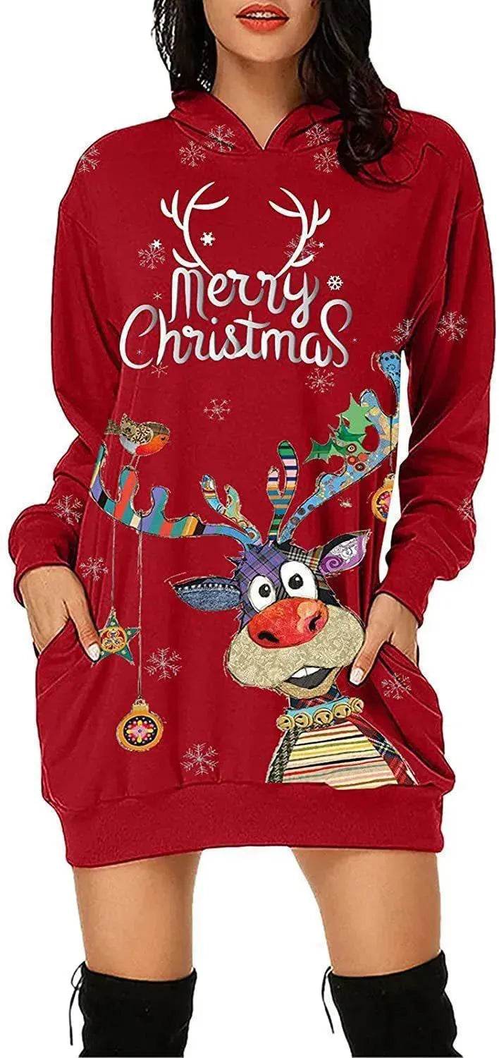 Women's Long-sleeved Christmas Hoodie Sweatshirt Dress Winter - www.Shopthatapp.com