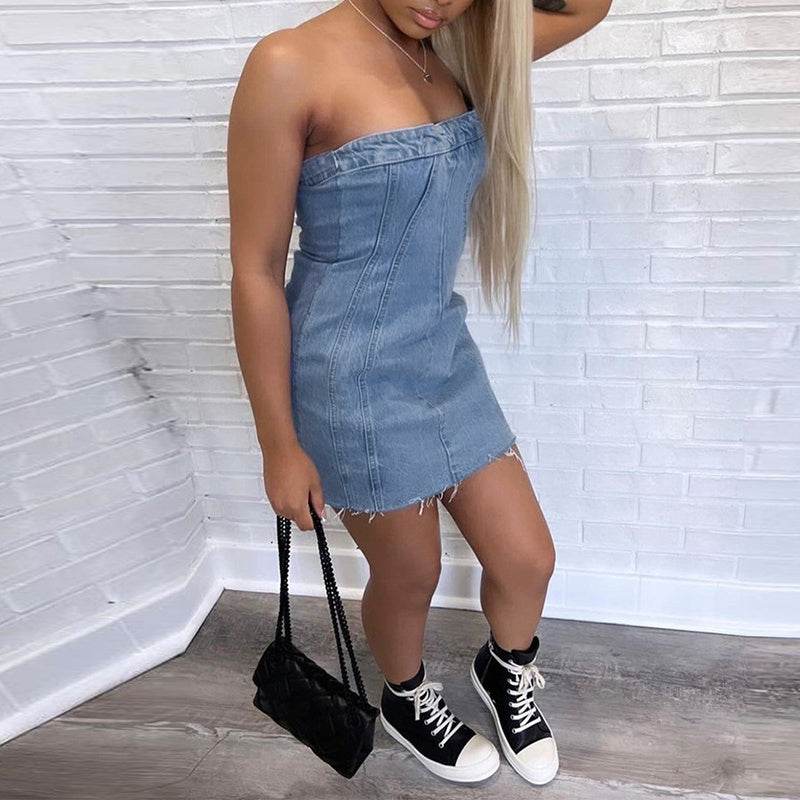 Fashion Backless Tube Denim Dress Summer Sexy Y2K Slim Short Dresses For Women Clothing - www.Shopthatapp.com