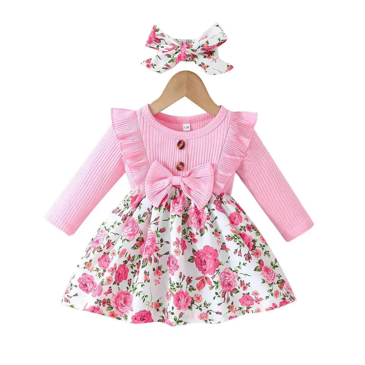 Newborn baby girl Winter floral Printed Bow Dress Suit Baby girl Dress outwear for girls plus head bowtie Baby girl pink dress - www.Shopthatapp.com