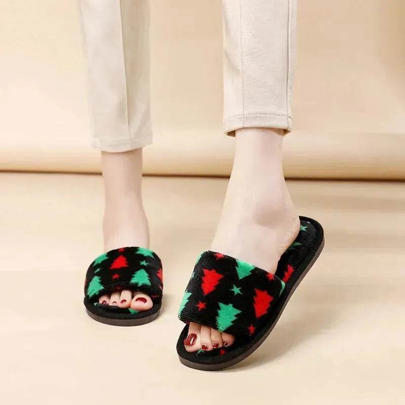 Christmas Tree Home Slippers Fashion Floor Bedroom Open-toe Plush Slippers For Women Fuzzy House Shoes - www.Shopthatapp.com