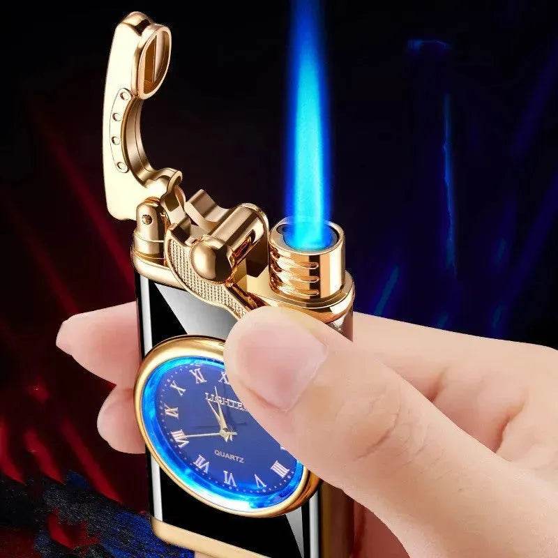 New Lighter With Electric Watch Rocker Arm Automatic Ignition Straight Blue Flame Lighter Creative Real Dial Inflatable Windproof Cigar Lighter Men's Watch Gift - www.Shopthatapp.com