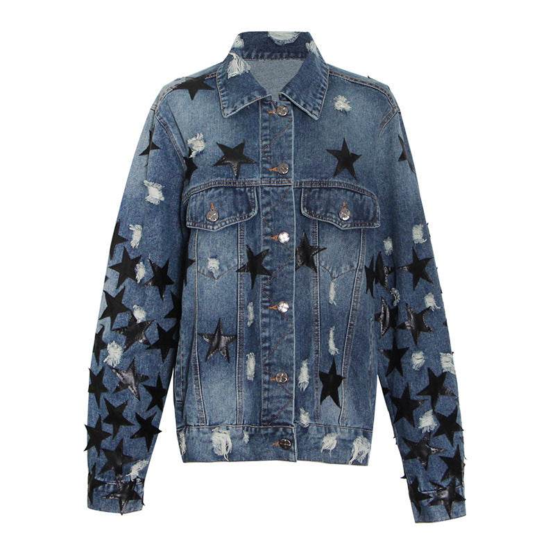 Lapel Star Patch Shredded Single Breasted Denim Jacket For Women - www.Shopthatapp.com