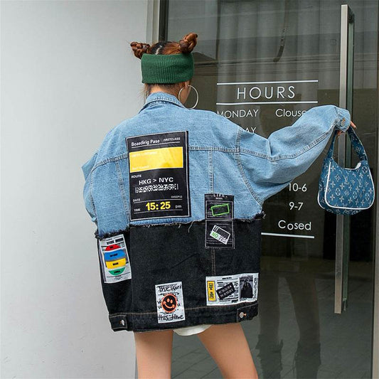 Denim Loose Jacket Women Stylish Graffiti Patch Design - www.Shopthatapp.com
