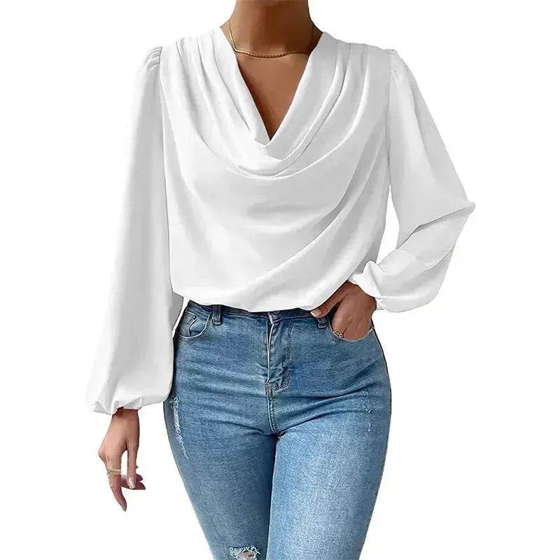 Casual Evening Top for Women Long-sleeved Shirt Loose V-neck chiffon blouse Top women - www.Shopthatapp.com