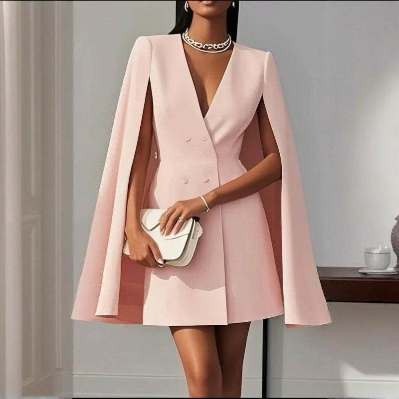 Formal V Neck Double-Breasted Mini Cape Sleeve Dress - www.Shopthatapp.com
