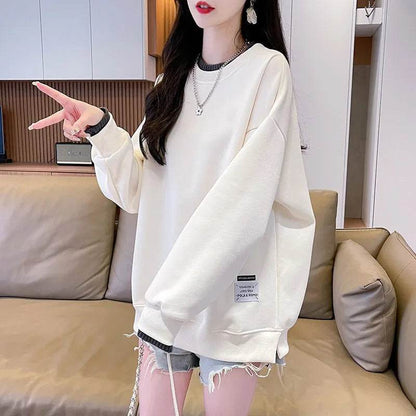 Women Round-neck With Fleece Lining Thick Fake Two Pieces Long Sleeve Loose Hoodie Sweatshirt - www.Shopthatapp.com