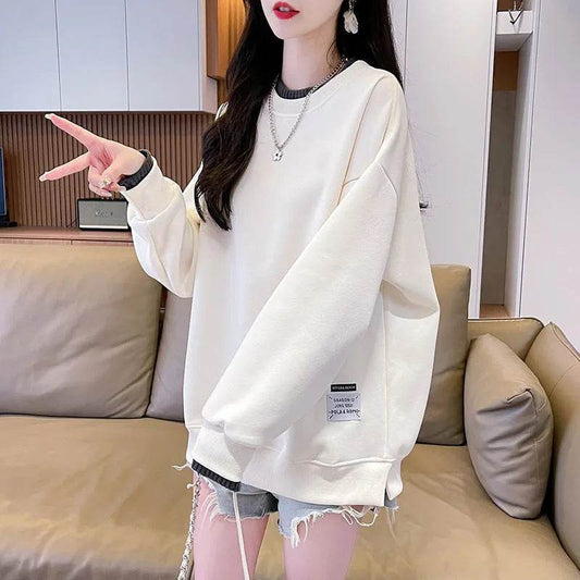 Women Round-neck With Fleece Lining Thick Fake Two Pieces Long Sleeve Loose Hoodie Sweatshirt - www.Shopthatapp.com