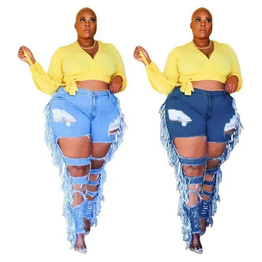 Adogirl Plus Size Side Tassel Holes Jeans Pencil Pants Women Charming Distressed Hollow Out Tight Denim Trousers Fashion Streetwear - www.Shopthatapp.com