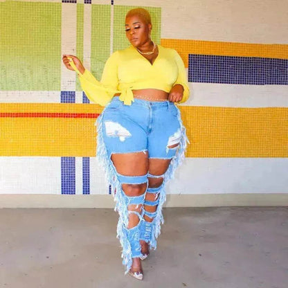 Adogirl Plus Size Side Tassel Holes Jeans Pencil Pants Women Charming Distressed Hollow Out Tight Denim Trousers Fashion Streetwear - www.Shopthatapp.com