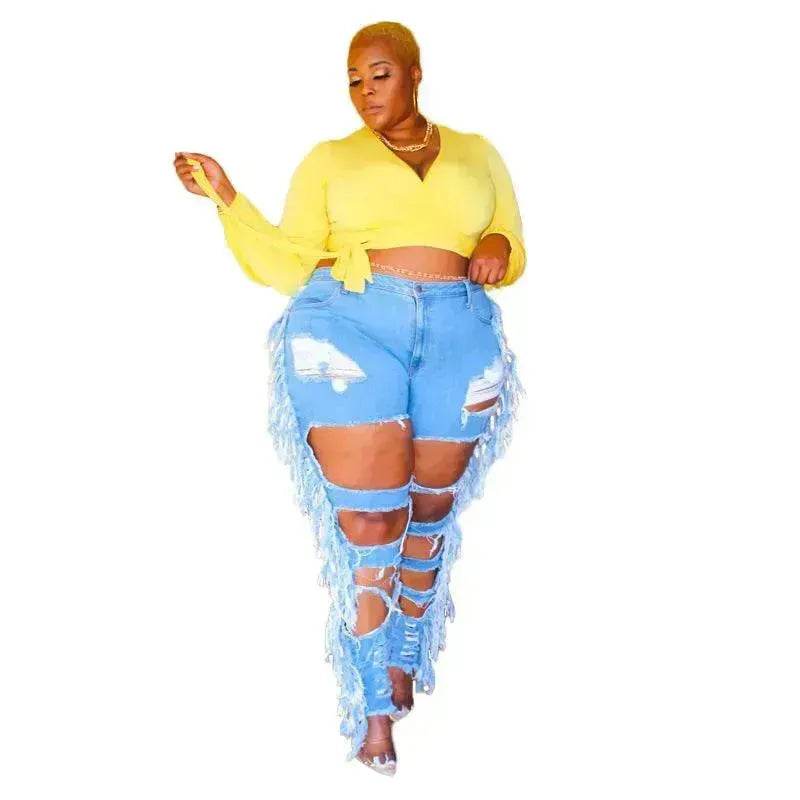 Adogirl Plus Size Side Tassel Holes Jeans Pencil Pants Women Charming Distressed Hollow Out Tight Denim Trousers Fashion Streetwear - www.Shopthatapp.com