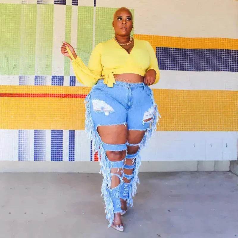 Adogirl Plus Size Side Tassel Holes Jeans Pencil Pants Women Charming Distressed Hollow Out Tight Denim Trousers Fashion Streetwear - www.Shopthatapp.com