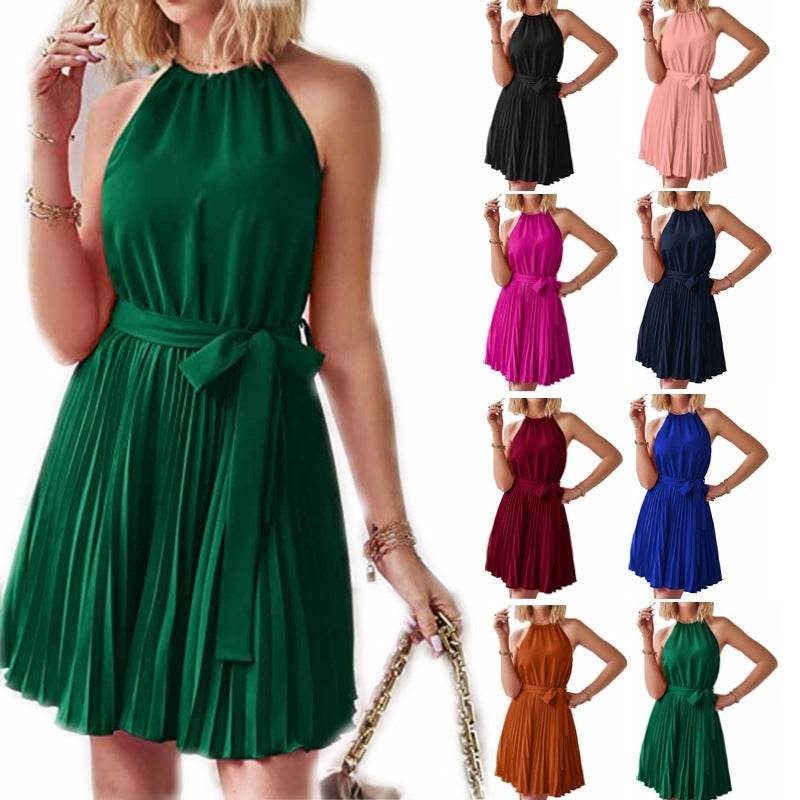 Halter Strapless Dresses For Women Solid Pleated Skirt Summer Beach Sundress - www.Shopthatapp.com