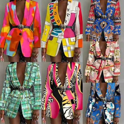 Fashion Printed Shawl Collar Single-breasted Belt Vintage Blazer Women - www.Shopthatapp.com