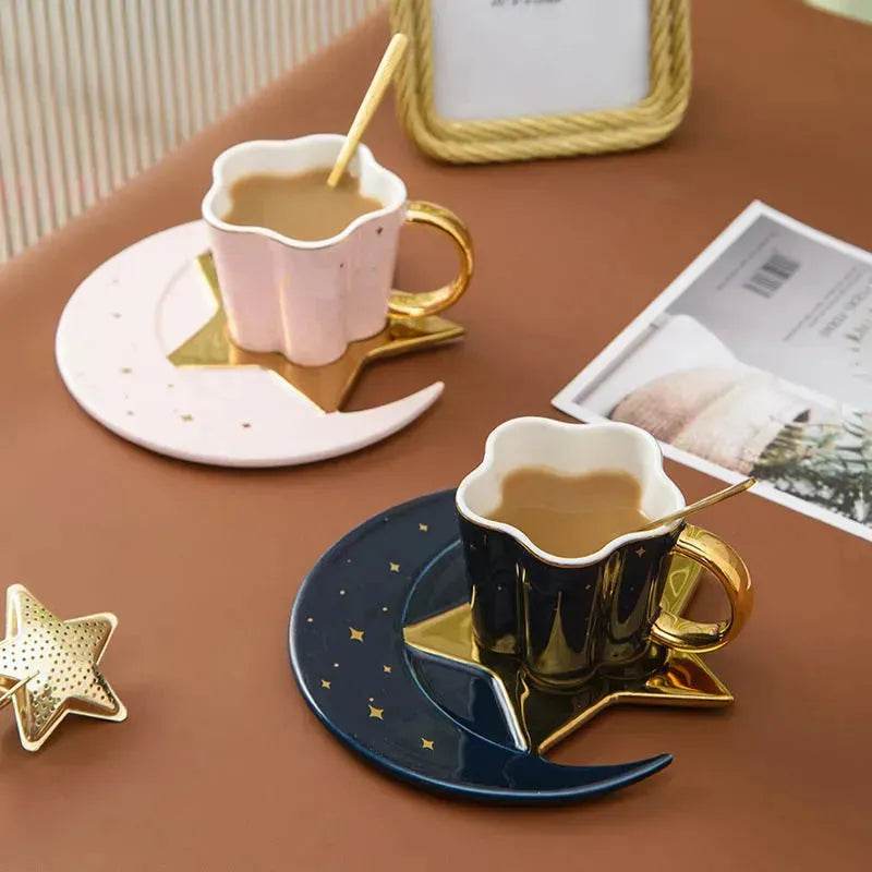 4pc set Creative Porcelain Ceramic Coffee Cup With Star And Moon Saucer - www.Shopthatapp.com