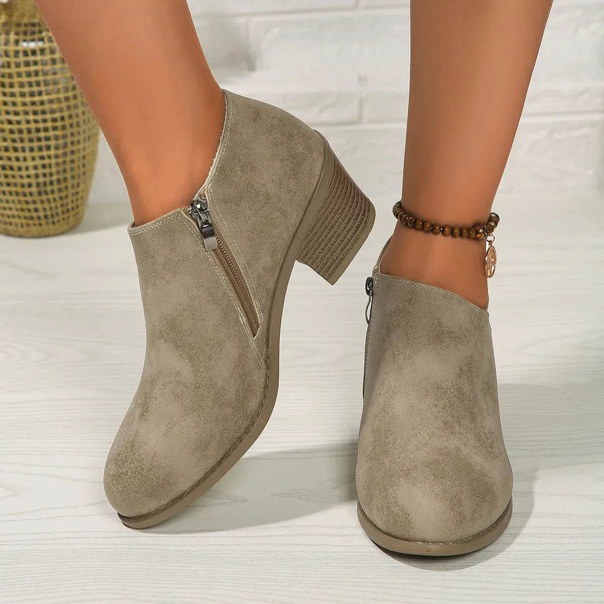 Chunky Heel Round Toe Ankle Boots With Side Zipper Design Fashion Fall Winter Short Boots For Women Shoes - www.Shopthatapp.com