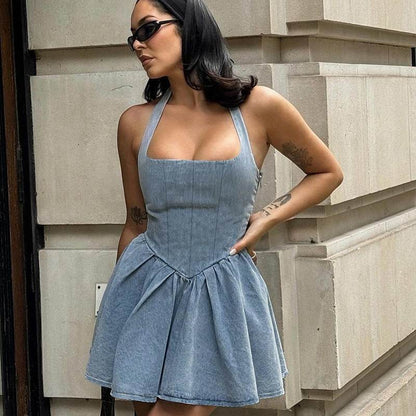 Women sleeveless Sling Waist jeans Denim Dress Backless halter neck flared mini dress - www.Shopthatapp.com