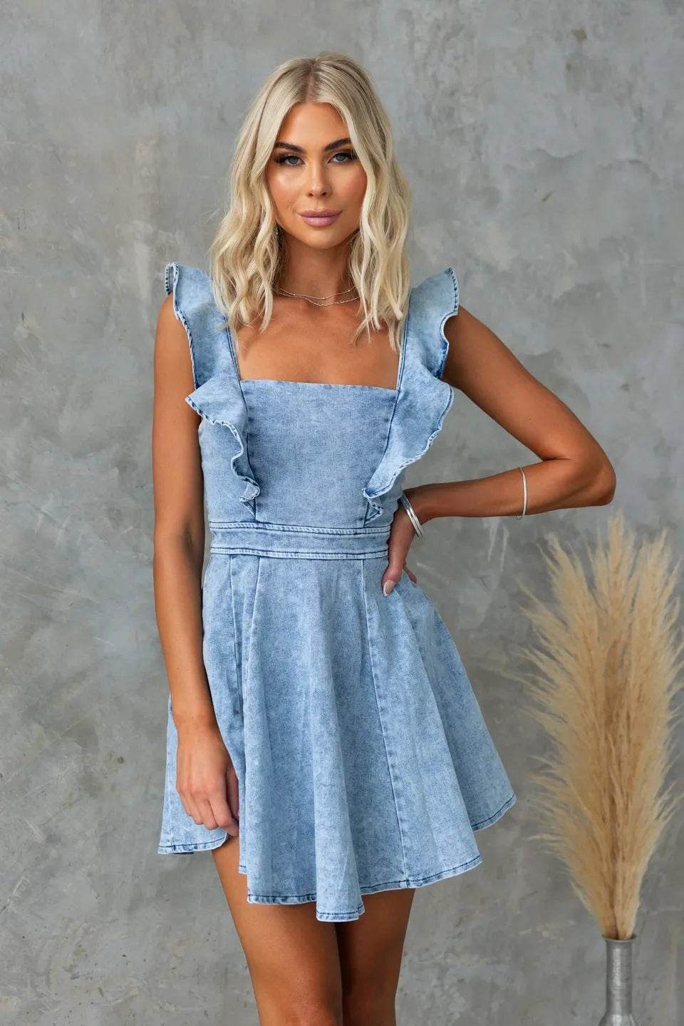 Women's Fashion Casual Denim Mini flared Dress - www.Shopthatapp.com