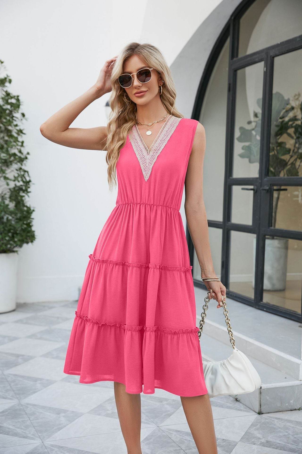 V-neck Dresses Women Sleeveless Pleated Ruffle Elegant Dress Beach Summer