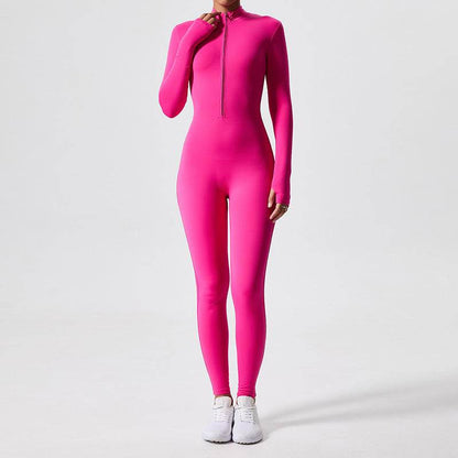 Athleisure Bodycon Long Sleeve Turtleneck Zip up Hip Raise Workout Yoga Jumpsuit Activewear for Women - www.Shopthatapp.com