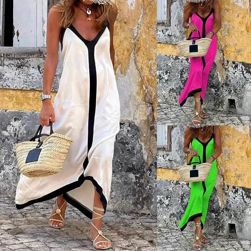 Women's Fashionable Casual Solid Color Spaghetti Straps Sleeveless V-neck Midi Dress - www.Shopthatapp.com