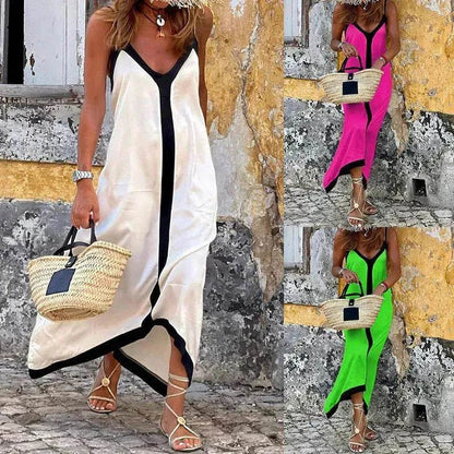 Women's Fashionable Casual Solid Color Spaghetti Straps Sleeveless V-neck Midi Dress - www.Shopthatapp.com