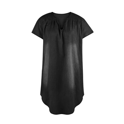 Round Neck Pleated Loose Solid Color Casual Plus Size Denim Dress - www.Shopthatapp.com