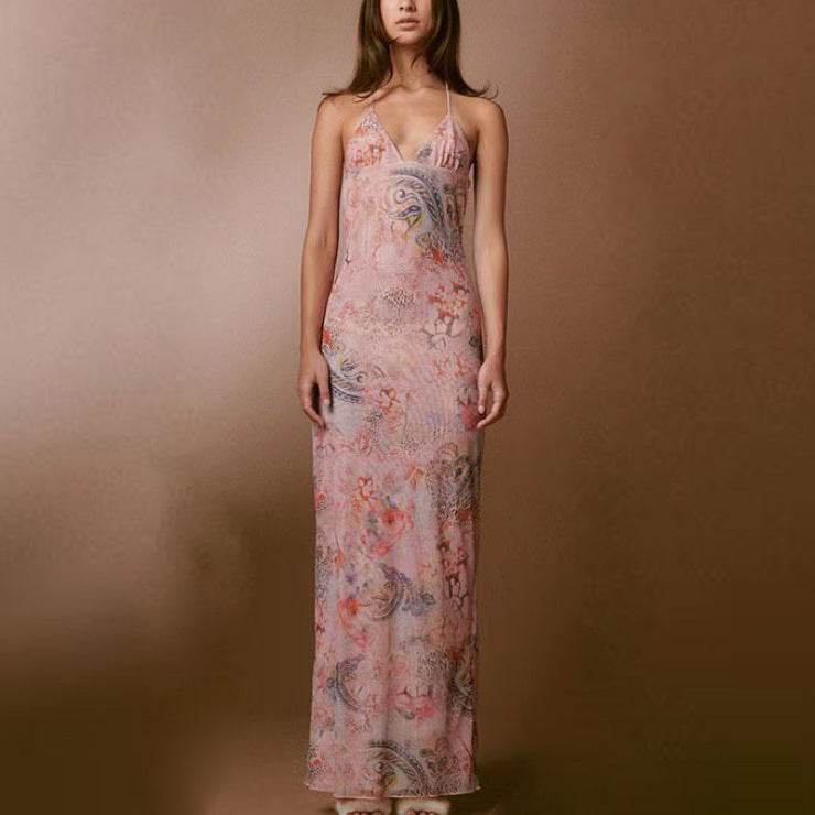 Halter neck Spaghetti Backless Butterfly Design Spring Summer long dress - www.Shopthatapp.com
