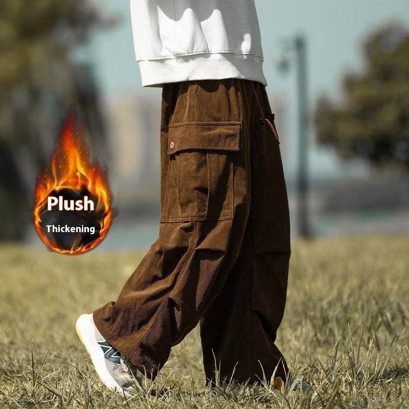 Autumn And Winter Straight Casual Wide-leg Corduroy Baggy Cargo Pant Overalls Men - www.Shopthatapp.com