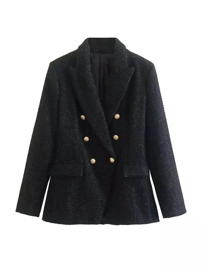 Classy Urban Women Textured Double Breasted Tweed Blazer - www.Shopthatapp.com