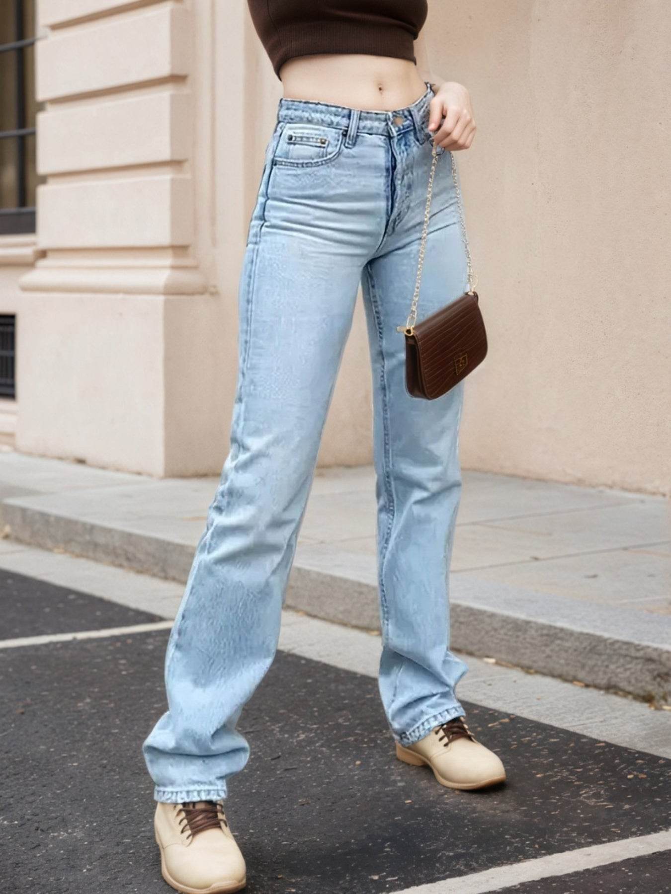 Women's High Waisted Light Colored Straight Leg Jeans, High Waisted And Cinched, High Stretch Blended Fabric, Comfortable And Versatile - www.Shopthatapp.com