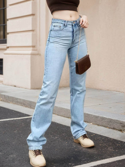 Women's High Waisted Light Colored Straight Leg Jeans, High Waisted And Cinched, High Stretch Blended Fabric, Comfortable And Versatile - www.Shopthatapp.com
