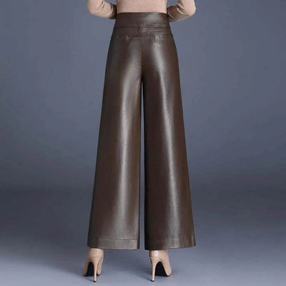 High Waist Thick Loose Big Leg Straight All-matching Wide Leg Leather trouser Pants For Women - www.Shopthatapp.com