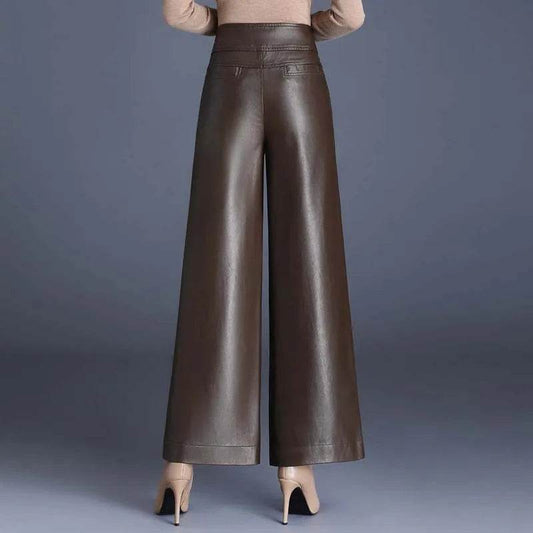 High Waist Thick Loose Big Leg Straight All-matching Wide Leg Leather trouser Pants For Women - www.Shopthatapp.com