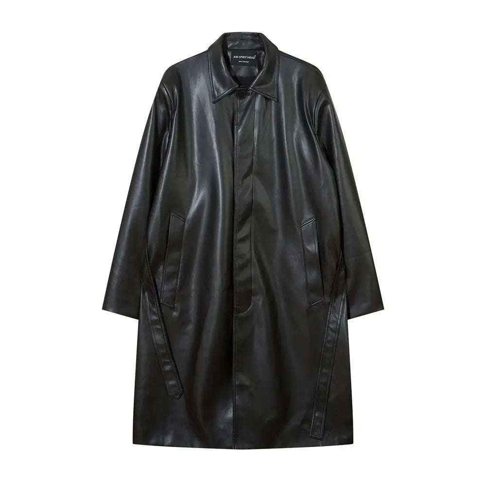 American Style With Belt Mid-length PU Leather Coat For Men Autumn And Winter - www.Shopthatapp.com