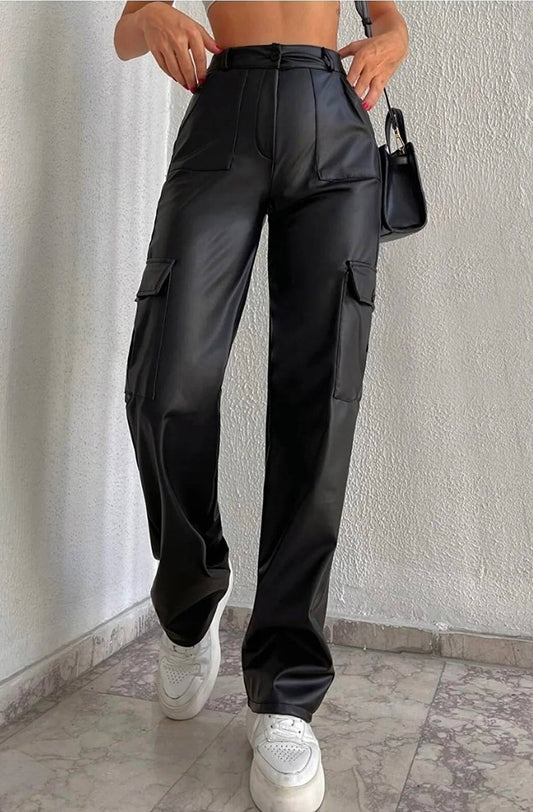 Angie PU Faux Leather Wide Leg Cargo Trousers - www.Shopthatapp.com