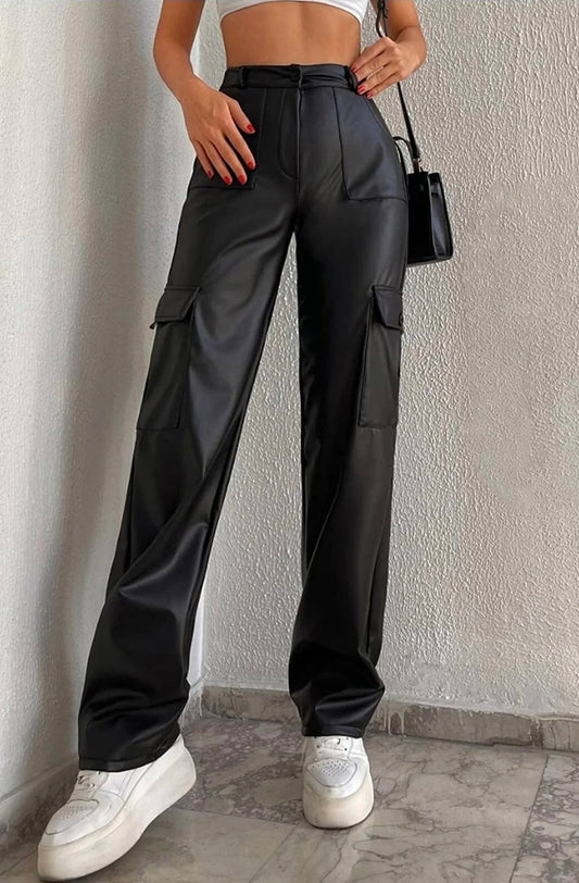 Angie PU Faux Leather Wide Leg Cargo Trousers - www.Shopthatapp.com