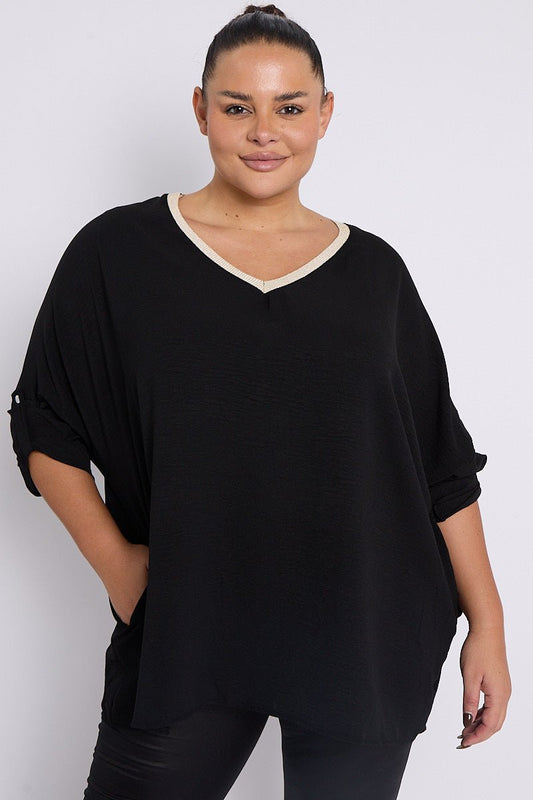 Anya PLUS SIZE Black V Neck Contrast Trim 3/4 Turn Sleeves Top With Pockets - www.Shopthatapp.com