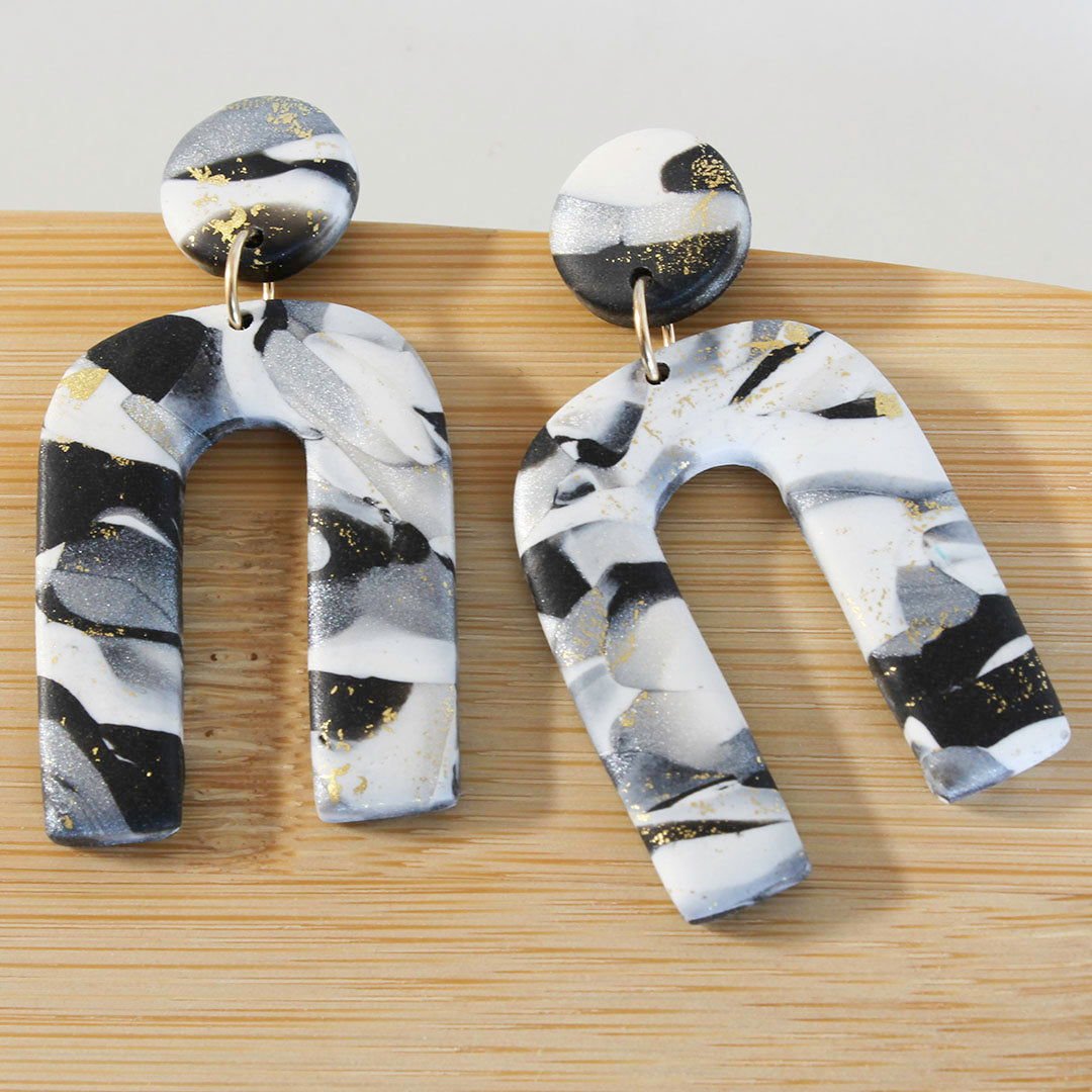 ARCHES Earrings. White, Black, Grey and gold leaf Polymer Clay Arch earrings - www.Shopthatapp.com