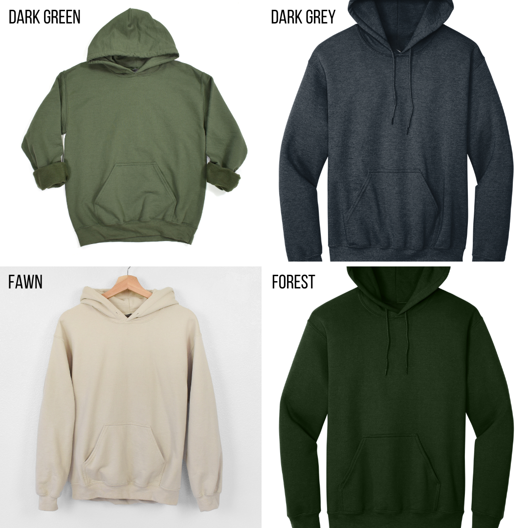 Variety of L'ArtisanCanada Canadian hoodies in dark green, dark grey, fawn, and forest colors
