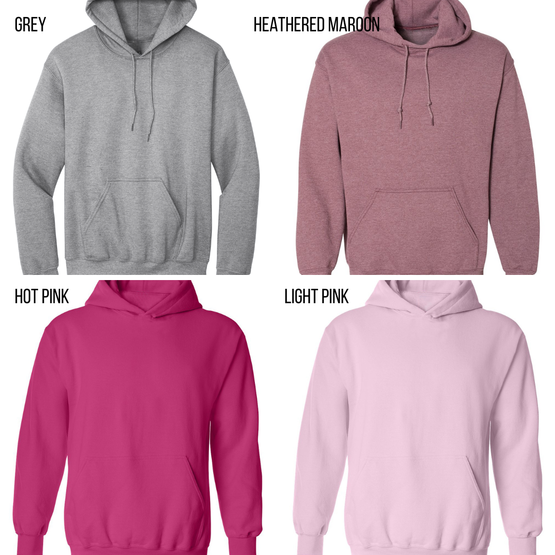 Variety of Canadian hoodies in grey, heathered maroon, hot pink, and light pink colors