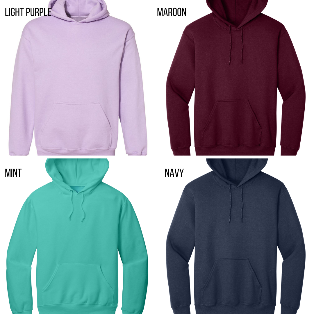 Colorful Canadian hoodies in light purple, maroon, mint, and navy with front pockets