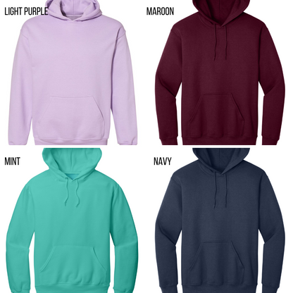 Colorful Canadian hoodies in light purple, maroon, mint, and navy with front pockets