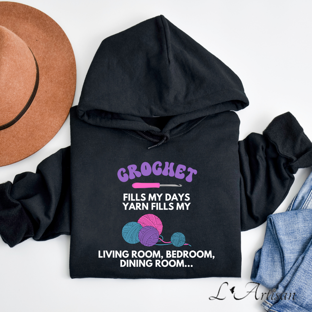Black L'ArtisanCanada Canadian hoodies featuring a crochet design and colorful yarn graphics